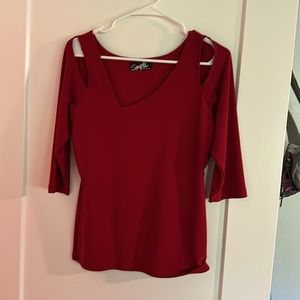 Sympli top, size 10, red, shoulder cut outs. Asymmetrical neckline, 3/4 sleeves.